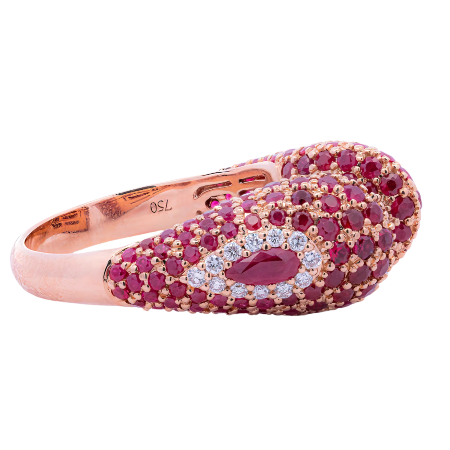 Rose gold ring with red gemstones and diamonds on a white background